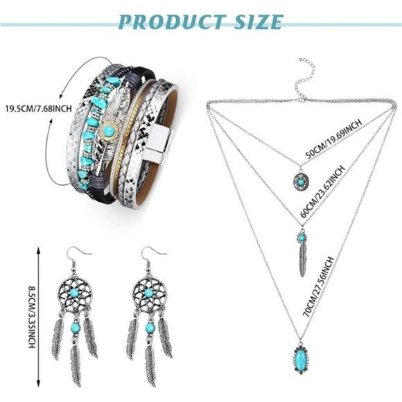 Boho Turquoise Jewelry Set – Dreamcatcher Earrings, Necklace & Bracelet Set - Picture 2 of 5